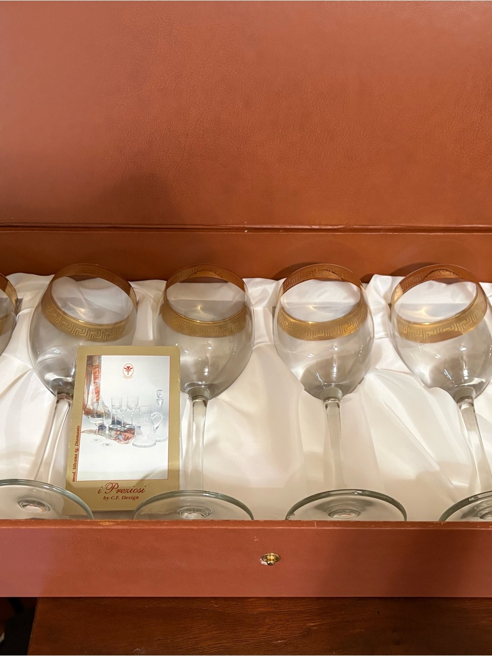 Vintage set of 6 wine glasses with Greek key gold rim in case